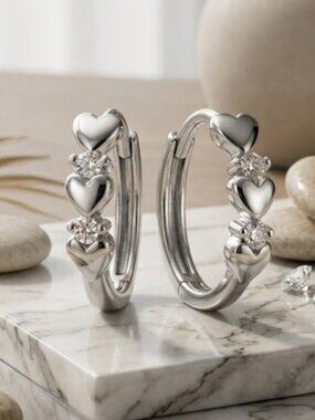 S925 Sterling Silver Heart Hoop Earrings Girls Dainty CZ Minimalist 0.5"